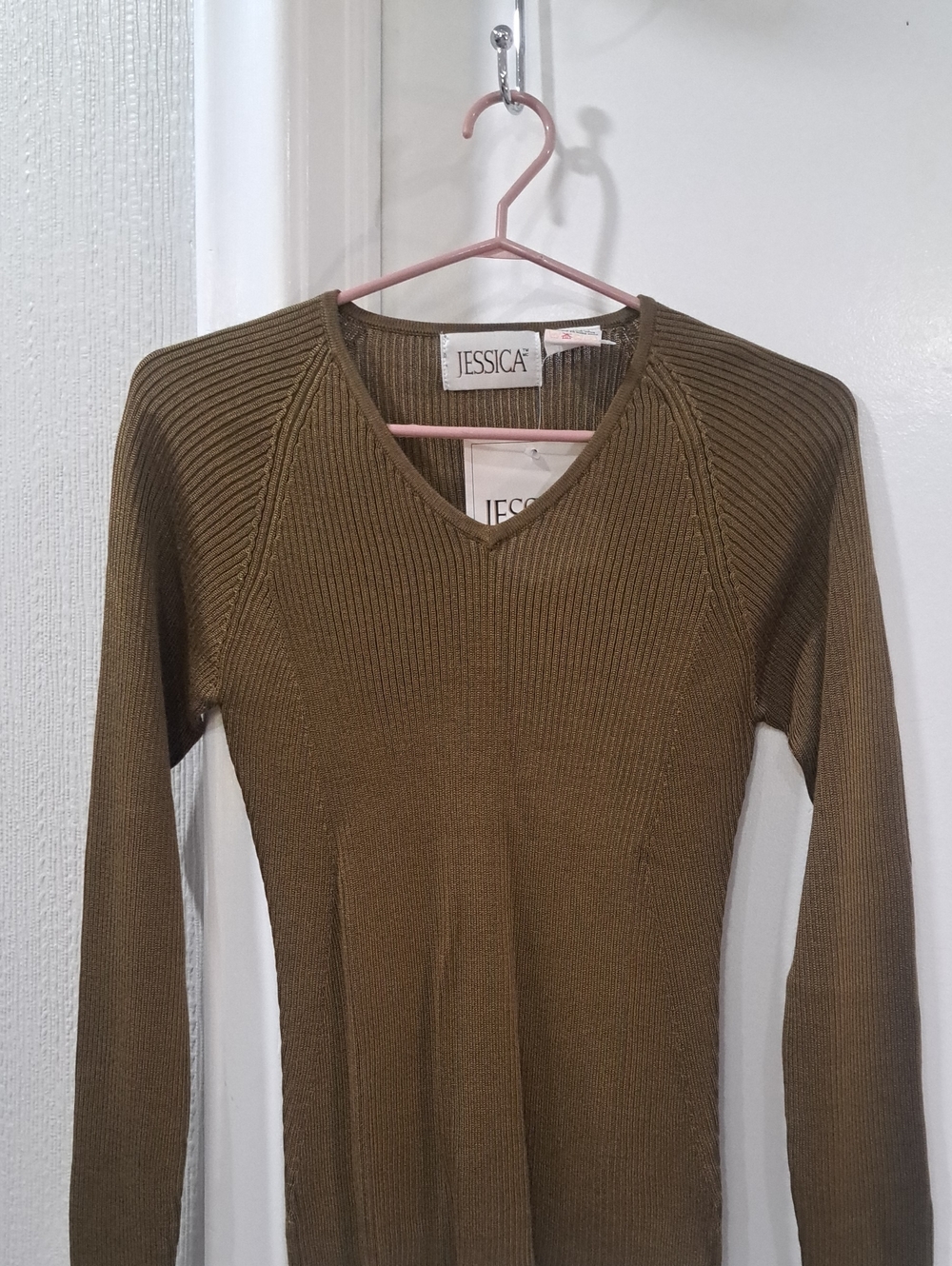 Jessica Olive Ribbed V-Neck Sweater Dress